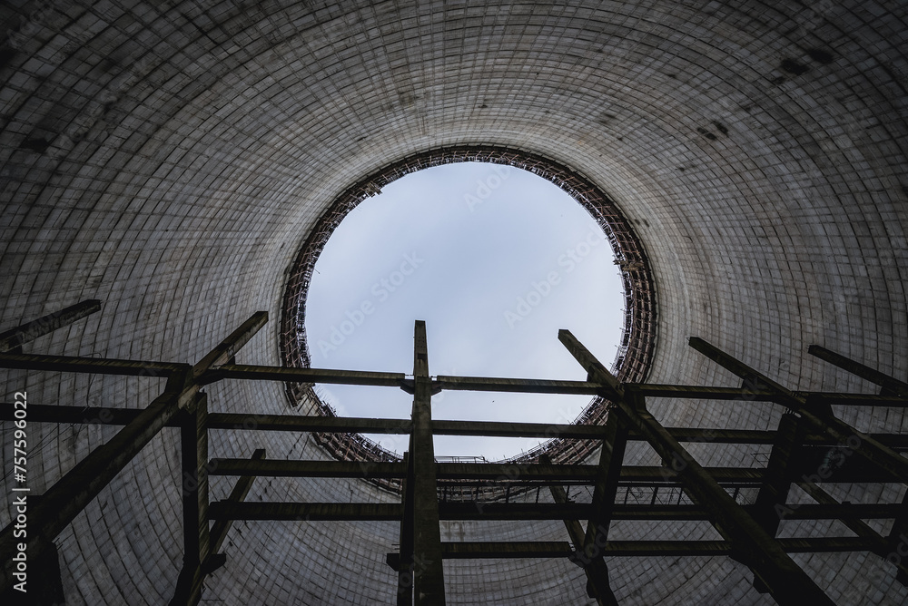 Poster Inside unfinished cooling tower of reactor 5 of Chernobyl Nuclear Power Plant in Chernobyl Exclusion Zone, Ukraine