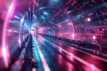 Modern railway tunnel with neon lighting