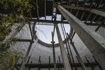 Inside unfinished cooling tower of reactor 5 of Chernobyl Nuclear Power Plant in Chernobyl...
