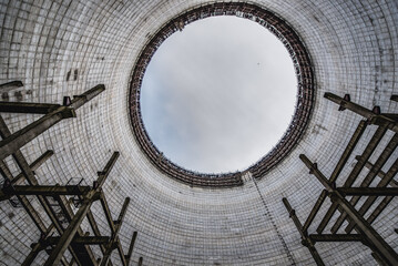 Unfinished cooling tower of reactor 5 of Chernobyl Nuclear Power Plant in Chernobyl Exclusion Zone,...