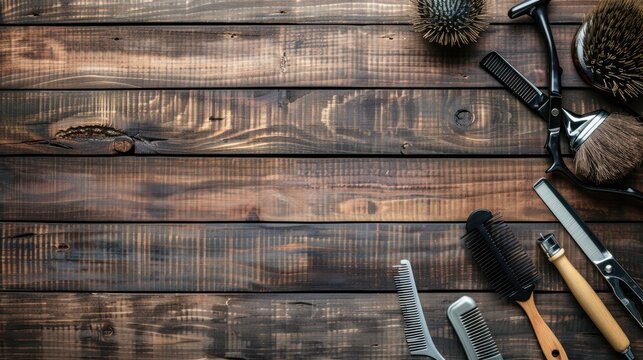 Top view hairdressing tools on rustic wooden background. AI generated image