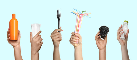 People holding plastic items on light blue background, set of photos