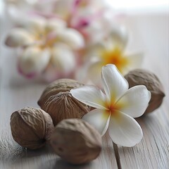 Obraz na płótnie Canvas A simple Tahitian touch background of frangipani flowers on stems with nutmeg. Flower close-up under soft, romantic light with elegant touch.