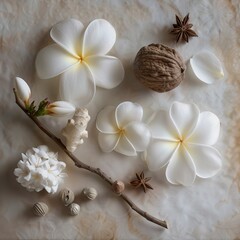 A simple Tahitian touch background of frangipani flowers on stems with nutmeg. Flower close-up under soft, romantic light with elegant touch.
