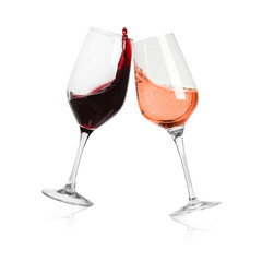 Different types of wine splashing in glasses on white background