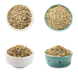 Fennel seeds in bowls isolated on white, top and side views