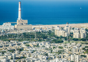 View from top floor of Azrieli Center Circular Tower in Tel Aviv, Reading Power Station on background, Israel - obrazy, fototapety, plakaty