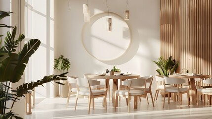 Interior design with wooden round table and chairs. Modern dining room with white wall. Cafe, bar or restaurant interior design. Home interior. 3d rendering