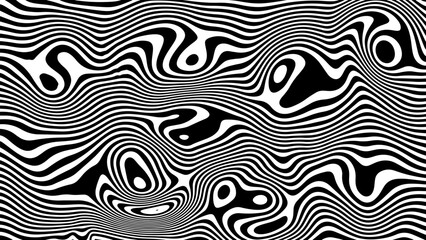 Fototapeta na wymiar Groovy abstract background. Liquid wavy lines. Marble texture. Psychedelic print. Trippy pattern. Zebra skin. Surreal wallpaper with curvy black and white stripes. Vector graphic illustration