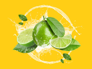 Limes, leaves and splashing juice on orange background