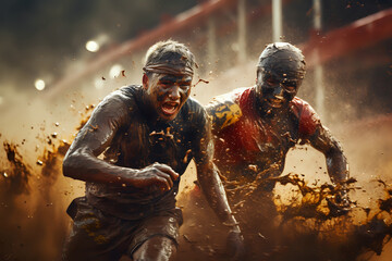 Mud Run Determination. Intense competitors power through a muddy obstacle course, their faces set with determination, embodying the spirit of endurance and competition.