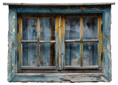 Vintage rustic wooden window with weathered shutters on transparent background - stock png.