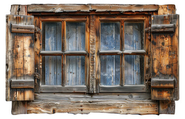 Vintage rustic wooden window with weathered shutters, cut out - stock png.