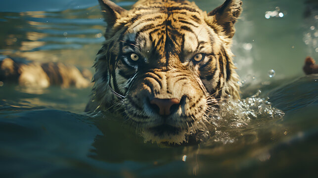 Fierce Tiger Swimming Close-Up. A powerful close-up of a swimming tiger, its intense gaze captivating the viewer, ideal for wildlife and conservation themes.
