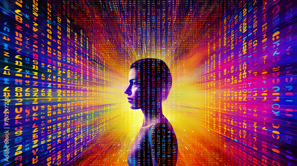 Poster human silhouette with digital data interface. silhouette of a human profile surrounded by a vivid di