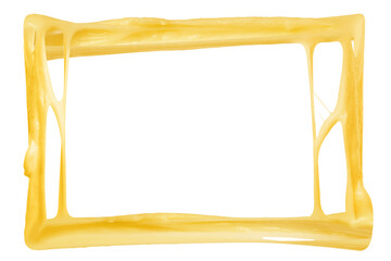 Frame of stretching delicious melted cheese on white background