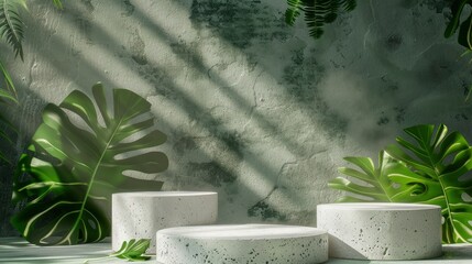 Natural stone and concrete podium in Natural green background for Empty show for packaging product presentation. Background for cosmetic products, the scene with green leaves - generative ai