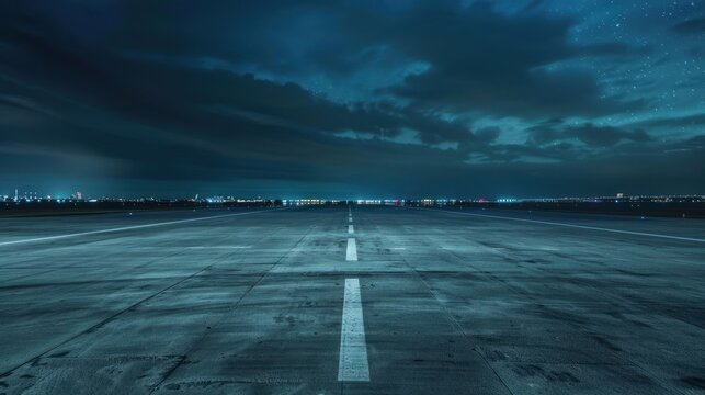 Dark concrete or asphalt of plane runway with light in the night sky view. AI generated image