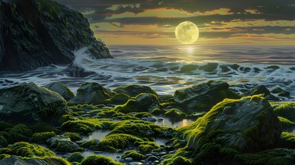 Mossy rocks on the shore at sunrise
 - obrazy, fototapety, plakaty