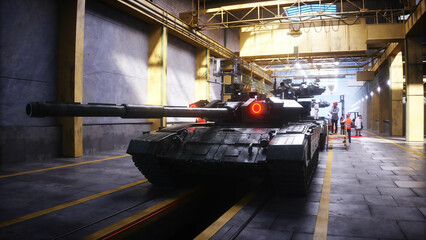 Production of military russian battle tank T 90 at the factory. Military factory weapon. 3d rendering.
