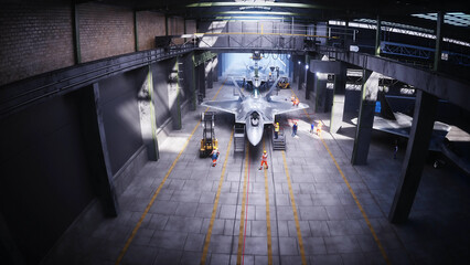 Production of military fighter jet f 22 raptor at the factory. Military factory weapon. 3d rendering.