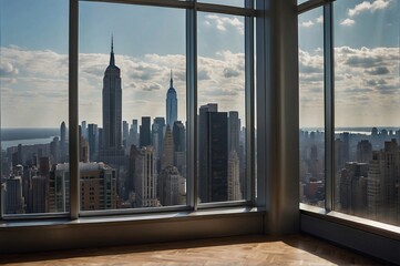 Fototapeta na wymiar Empty interior from high-rise window showcasing expensive real estate with cityscape of skyscrapers in Midtown NYC at daytime