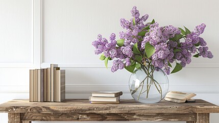 Beautiful home interior design with bouquet purple lilac flowers in vase with books on wooden table.