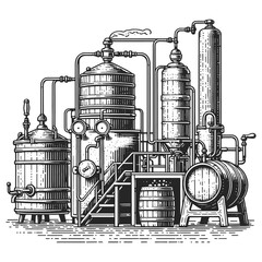 Beer brewing process factory equipment with beer brewing elements and grains. Sketch engraving generative ai vector illustration. Scratch board imitation. Black and white image.