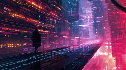 Futuristic city with neon lights. A cyber incursion, with lines of code intertwining with a physical space. The clash between the digital and physical realms is highlighted by a dynamic interplay.