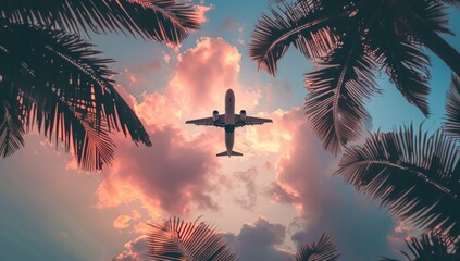 photograph of airplane flying in the sky between palm trees at sunset Generative AI