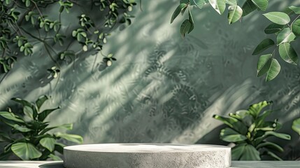 Natural stone and concrete podium in Natural green background for Empty show for packaging product presentation. Background for cosmetic products, the scene with green leaves - generative ai