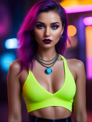 Naklejka premium A woman with purple hair and a yellow top is standing in front of a neon sign