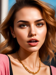 Fototapeta premium A woman with long brown hair and a gold necklace is smiling