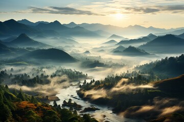 A river flows through foggy mountains under the sky at sunrise
