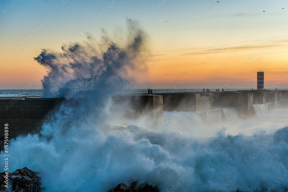 Poster Wave crash on rocks seen from breakwater in Porto city, Portugal