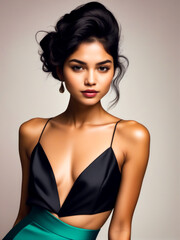 Fototapeta premium A woman with a black dress and earrings is posing for a photo
