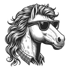 humorous hipster horse in sunglasses and a fashionable collar sketch engraving generative ai fictional character vector illustration. Scratch board imitation. Black and white image. - obrazy, fototapety, plakaty