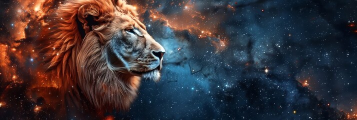 Leo Zodiac Sign, Lion Horoscope Symbol, Magic Astrology Lion, Lion in Fantastic Night Sky