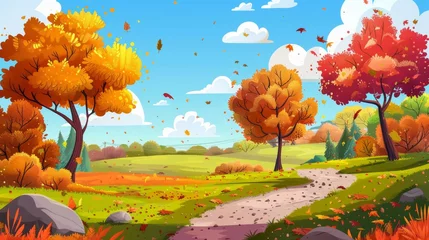 Gardinen Cartoon illustration of the rural autumn landscape with trees  © Azad