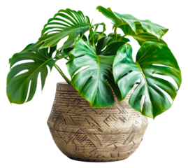 Textured pot with healthy monstera plant, cut out - stock png.