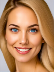 Obraz premium A woman with blonde hair and blue eyes is smiling