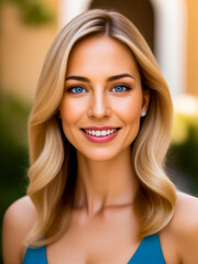 A woman with blonde hair and blue eyes is smiling
