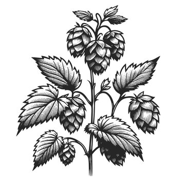 Detailed black and white vintage illustration of hops with leaves and tendrils. Sketch engraving generative ai vector illustration. Scratch board imitation. Black and white image.