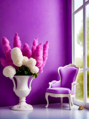 A white vase with pink flowers sits in front of a purple chair