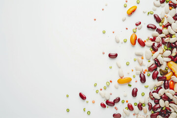 An array of various beans and legumes artistically scattered on a white backdrop, symbolizing diversity and abundance.