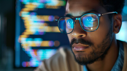 AT engineer reading program code on computer screen. Close-up of eyes and glasses with HTML code reflected. Cyber security and personal data protection