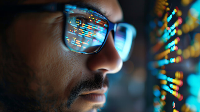 AT engineer reading program code on computer screen. Close-up of eyes and glasses with HTML code reflected. Cyber security and personal data protection