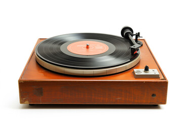 A vintage wooden turntable with a black vinyl record, featuring a metallic arm and needle, isolated on a white background.