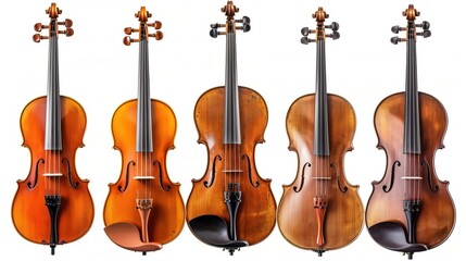 Fototapeta premium A harmonious display of five violins, each with a distinct wood finish, against a serene white backdrop.