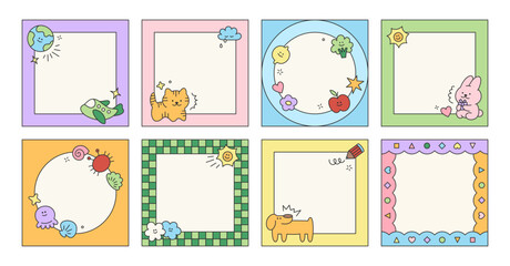 Set of kid cute frame sheets with childish elements. Children post template. Simple scribble vector elements of social media post with dog, planet, star, pencil, cloud, flower, frame, arrow, stroke.